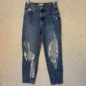 Forever 21 Premium Women's 27 Distressed Ripped Mom Jeans Blue Denim Button Fly